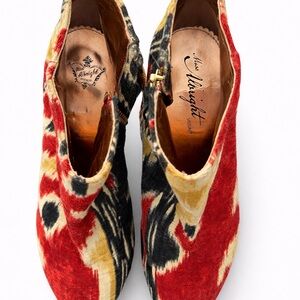 Miss Albright Red, Black & Gold Velvet Ikat Patterned Ankle Booties